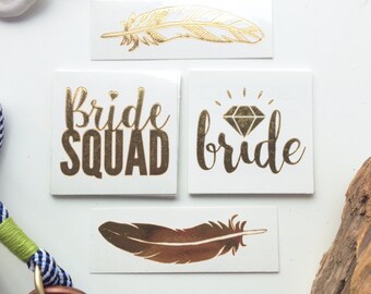 Wedding Shower temporary tattoos for the Bride and her Squad / 12 piece set of gold metallic tattoos