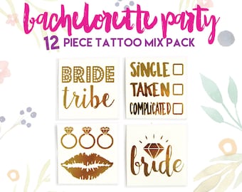 Bachelorette Party Tattoos / Gold metallic tattoos / Mixed Party pack of 12 tattoos / stagette party tattoos / bride tribe / vegas party