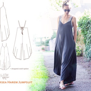 The Persea Harem Jumpsuit - digital PDF sewing pattern - 2 styles with hidden pockets and adjustable shoulder straps