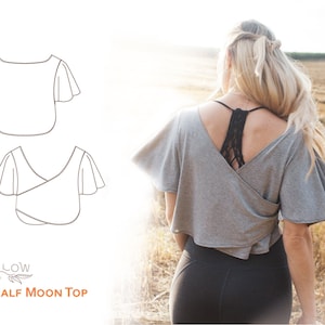 Half Moon Top - Digital PDF Sewing pattern. Butterfly sleeve, crop top in stretch fabric.  Sizes 6 - 24 (UK)