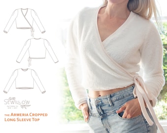 The Armeria Cropped and Wrap Top - digital PDF sewing pattern - Long Sleeve with pleated sleeve detail.