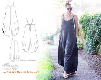 The Persea Harem Jumpsuit - digital PDF sewing pattern - 2 styles with hidden pockets and adjustable shoulder straps