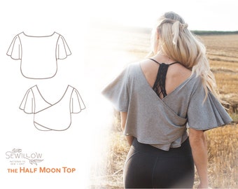 Half Moon Top - Digital PDF Sewing pattern. Butterfly sleeve, crop top in stretch fabric.  Sizes 6 - 24 (UK)