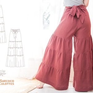 Sarcoco Tiered Culottes - digital PDF sewing pattern. Wide legged trousers with elasticated waistband and bow detail.