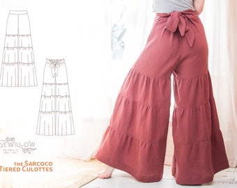 Sarcoco Tiered Culottes - digital PDF sewing pattern. Wide legged trousers with elasticated waistband and bow detail.