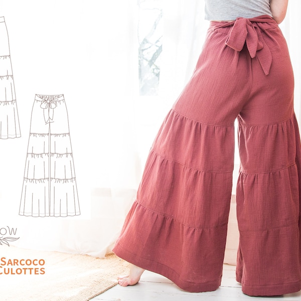 Sarcoco Tiered Culottes - cartamodello PDF digitale. Pantaloni a gamba ampia con vita elasticizzata e dettaglio fiocco.