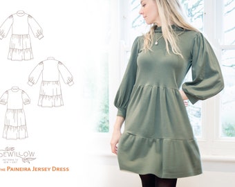 The Paineira Tiered Jersey Dress with puff sleeves - digital PDF sewing pattern