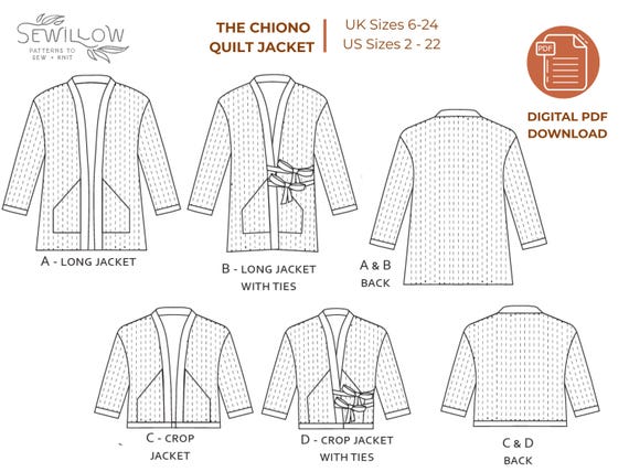 Quilted Jacket Sewing Pattern PDF – Long and Crop Boxy Coat