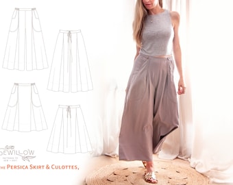 Persica Skirt & Culottes - digital PDF sewing pattern - high waisted,  deep pockets