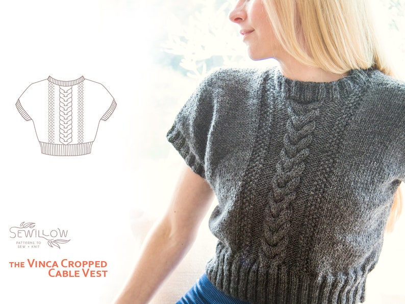 Knitting Pattern instant download PDF Vinca Cropped Cable Vest imagem 1