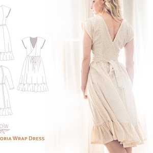 Tinctoria Back Wrap Dress with pockets and skirt frill, 2 options and sizes UK 6 - 24. Instant digital download sewing pattern.