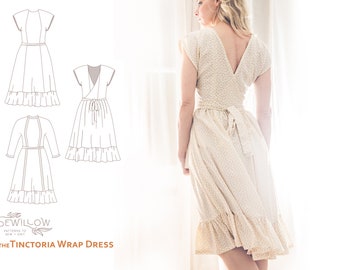 Tinctoria Back Wrap Dress with pockets and skirt frill, 2 options and sizes UK 6 - 24. Instant digital download sewing pattern.