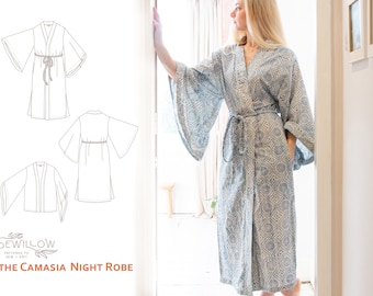 Camassia Night Robe - digital PDF sewing pattern - short or long robe with pockets and braided belt. Angel and Bell sleeve options.