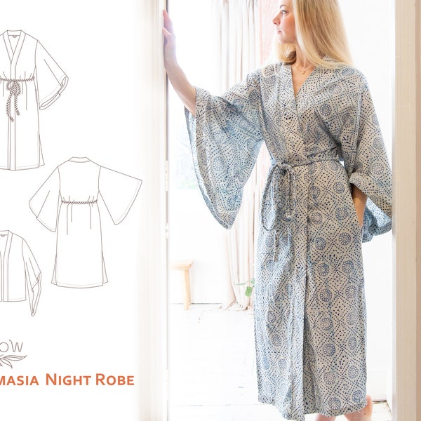 Camassia Night Robe - digital PDF sewing pattern - short or long robe with pockets and braided belt. Angel and Bell sleeve options.