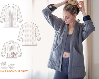 Chiono Quilted Jacket - digital PDF sewing pattern. Long and Crop Jacket / coat with or without ties for crossover closure. UK sizes 8 - 24