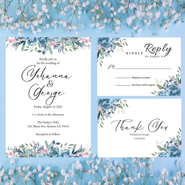 Printable Floral Wedding Invitation, Wedding Invitation Template, Editable Floral Wedding invite, Blue Floral Wedding, DIY, Instant Download