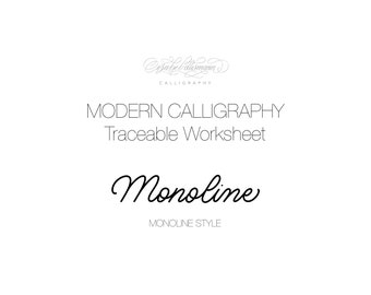 May include: A white background with the text "Isabelle Valismann Calligraphy" in a cursive font. Below, the text "MODERN CALLIGRAPHY Traceable Worksheet" is displayed. The word "Monoline" is written in a cursive font, with "MONOLINE STYLE" below.