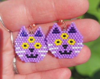 Three-Eyed Cat Seed Bead Earrings