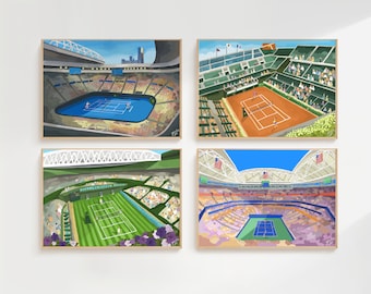 Set of 4 Grand slam Tennis Art prints, Giclee art print, Grand slam Tennis paintings, Tennis wall deco, Sport wall art, Tennis illustration