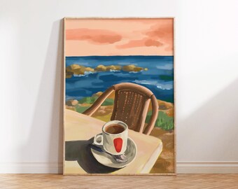 Morning coffee by the beach Art print  /  Giclee art print / coffee painting / cafe painting/ Stilllife painting / espresso art
