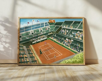 Puede incluir: Una ilustración enmarcada de un partido de tenis en curso. La cancha es de tierra batida con gradas verdes que la rodean. Los jugadores visten uniformes blancos y rojos. La multitud anima desde las gradas.