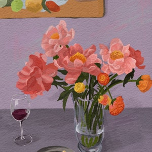 Peinture de natures mortes de fleurs et de vin Impression dart / Impression dart Giclee / Peinture de fleurs image 2