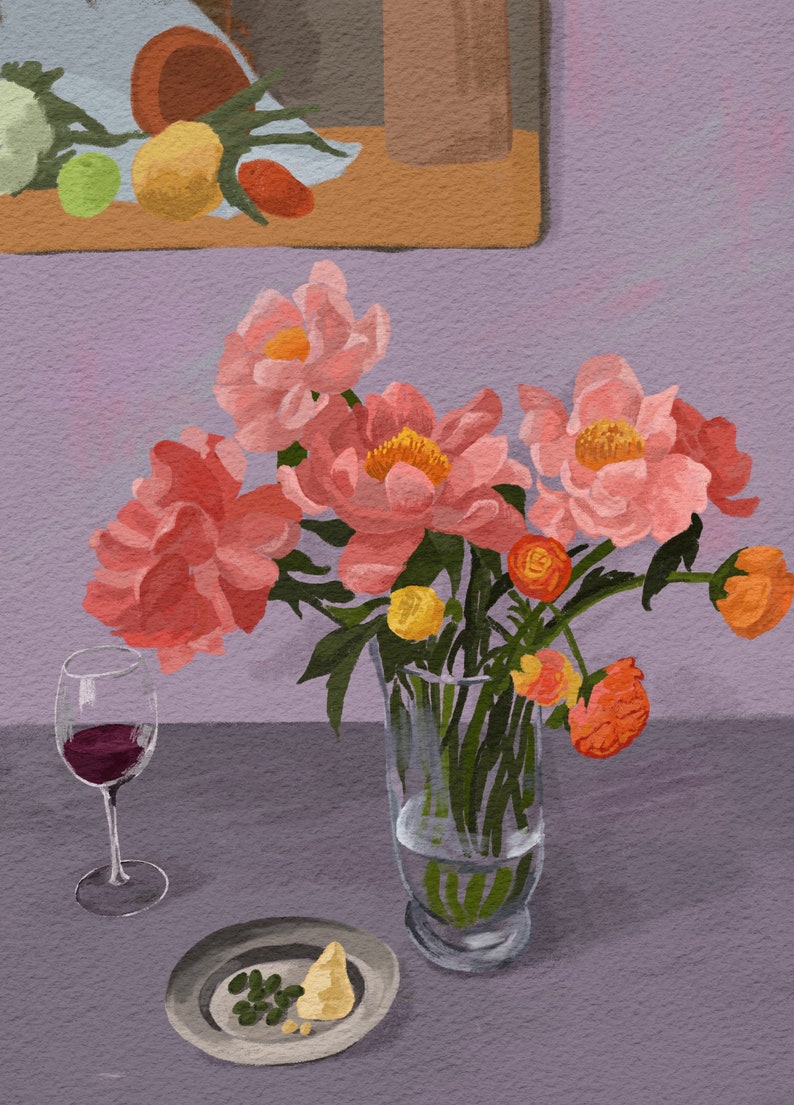 Peinture de natures mortes de fleurs et de vin Impression dart / Impression dart Giclee / Peinture de fleurs image 2