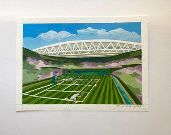 Pintura original de la pista central de Wimbledon, arte mural de tenis, ilustración deportiva, regalo para aficionados de Wimbledon, arte londinense, pintura original al gouache.