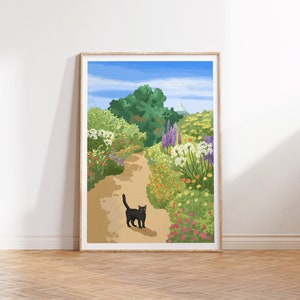The Cat in Flower garden Art print  / Giclee art print / Flower garden painting