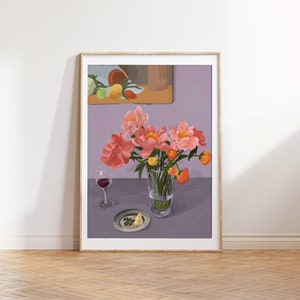 Peinture de natures mortes de fleurs et de vin Impression dart / Impression dart Giclee / Peinture de fleurs image 1