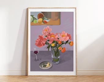 Flowers and wine still life painting Art print  / Giclee art print / Flowers painting