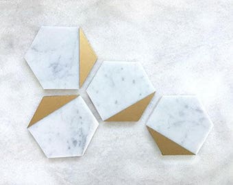 Hexagon Marble Gold Coaster Ensemble de 4 sous-verres à boissons, sous-verres de bar ou décoration intérieure