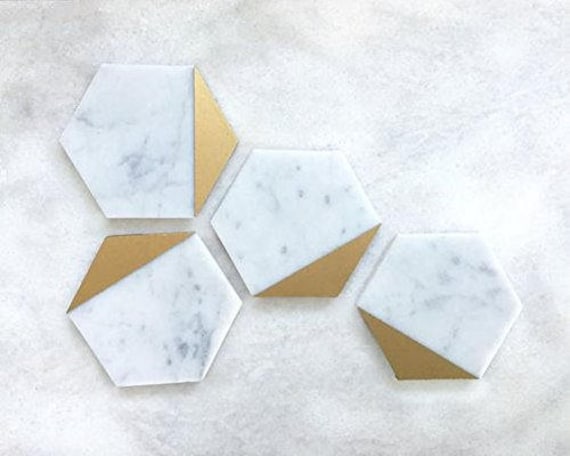 Hexagon Marble Gold Coaster Set of 4 Drink Coasters, Bar Coasters or Home Décor