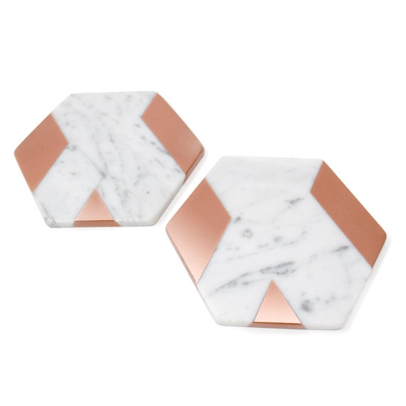 Rose Gold Strip White Carrara Marble Hexagon 5'' Coaster ( set of 2 )