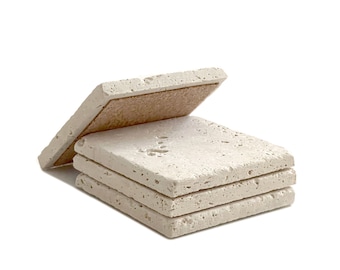 Posavasos de piedra natural absorbente de travertino beige de 4 x 4 pulgadas (cada pieza)