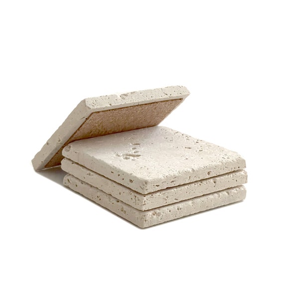 Beige Travertine 4X4 Each Piece Unique Natural Stone Absorbent Tumbled Stone Set of 4 Coasters