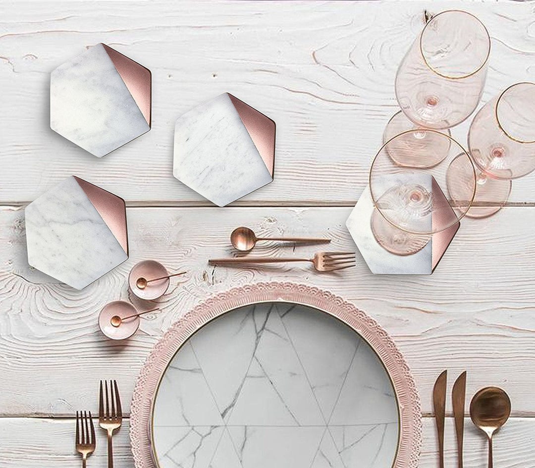 Hexagon Marble Rose Gold Coaster Set of 4 Drink Coasters Bar Etsy