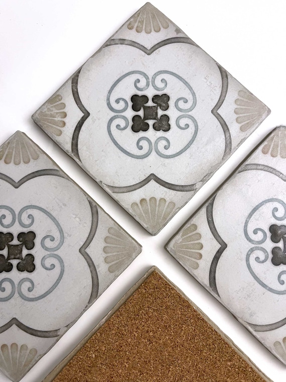 Set of 4 Spanish Porcelain Tile Coasters Handmade Patterned Cork Back Vintage Look Authentic Symmetrical Floral Design Housewarming Gift