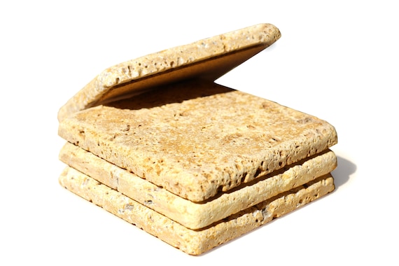 FREE SHIPPING GIFT! Gold Travertine 4x4 Each Piece Unique Natural Stone Absorbent Tumbled Stone Set of 4 Coasters