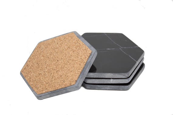 Set of 4 Modern Hexagon 4'' Black Marble with Coasters