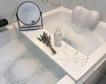 Bath Caddy 6" x 27" Engineered Statuary Stone with two stoppers Bath Bridge Modern Bathtub Tray Custom Sizes Available Please Contact