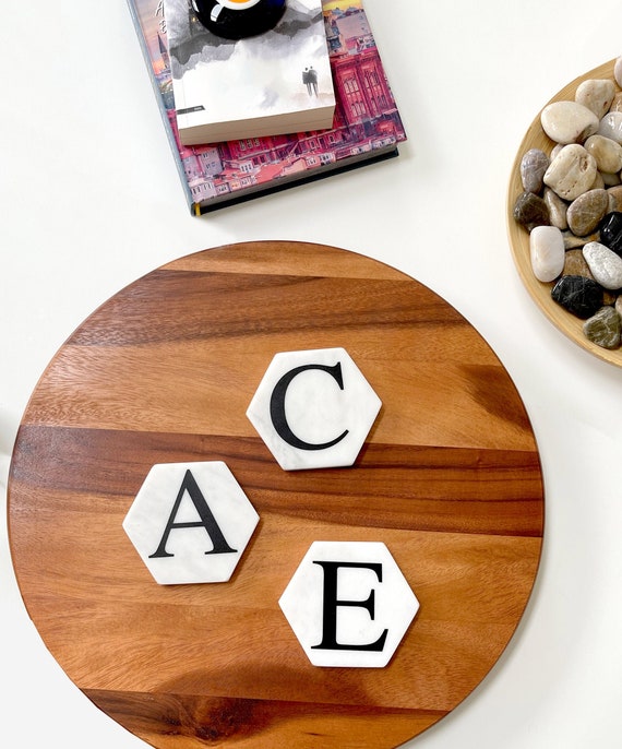 Personalized Large Marble Coasters Black Uppercase Initials & Numbers Classic Times Font Letters