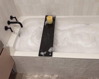 Bath Caddy 6" x 27" Engineered Nero Marquina Stone with two stoppers Bath Bridge Modern Bathtub Tray Custom Sizes Available Please Contact