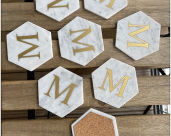 Italian Carrara White Marble Coaster with Cork Backing Custom Gold Lettering