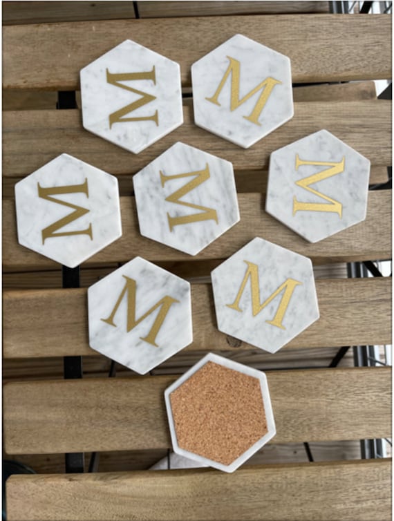 Italian Carrara White Marble Coaster with Cork Backing Custom Gold Lettering