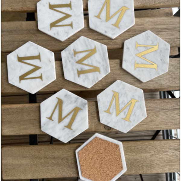 Italian Carrara White Marble Coaster with Cork Backing Custom Gold Lettering