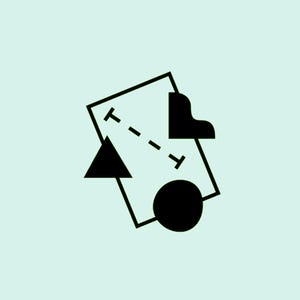 May include: Abstract geometric design in black on a light blue background. The design includes a triangle, a circle, a rectangle with a dotted line, and a curved shape. The shapes are arranged in a visually balanced composition.