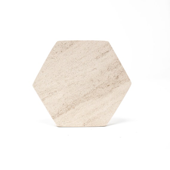 XL Hexagon Coaster 6 inch Natural Limestone Cork Backing Flat Valet tray Key tray Jewelry tray Wallet tray office desk tray Marble Pedestal