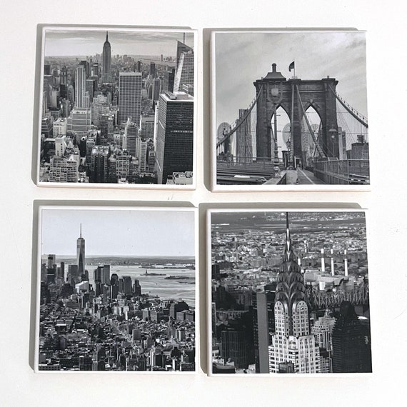 New York Ceramic Coasters Set of 4 Satin Finish Cork Backing Black and White Iconic Buildings Handmade