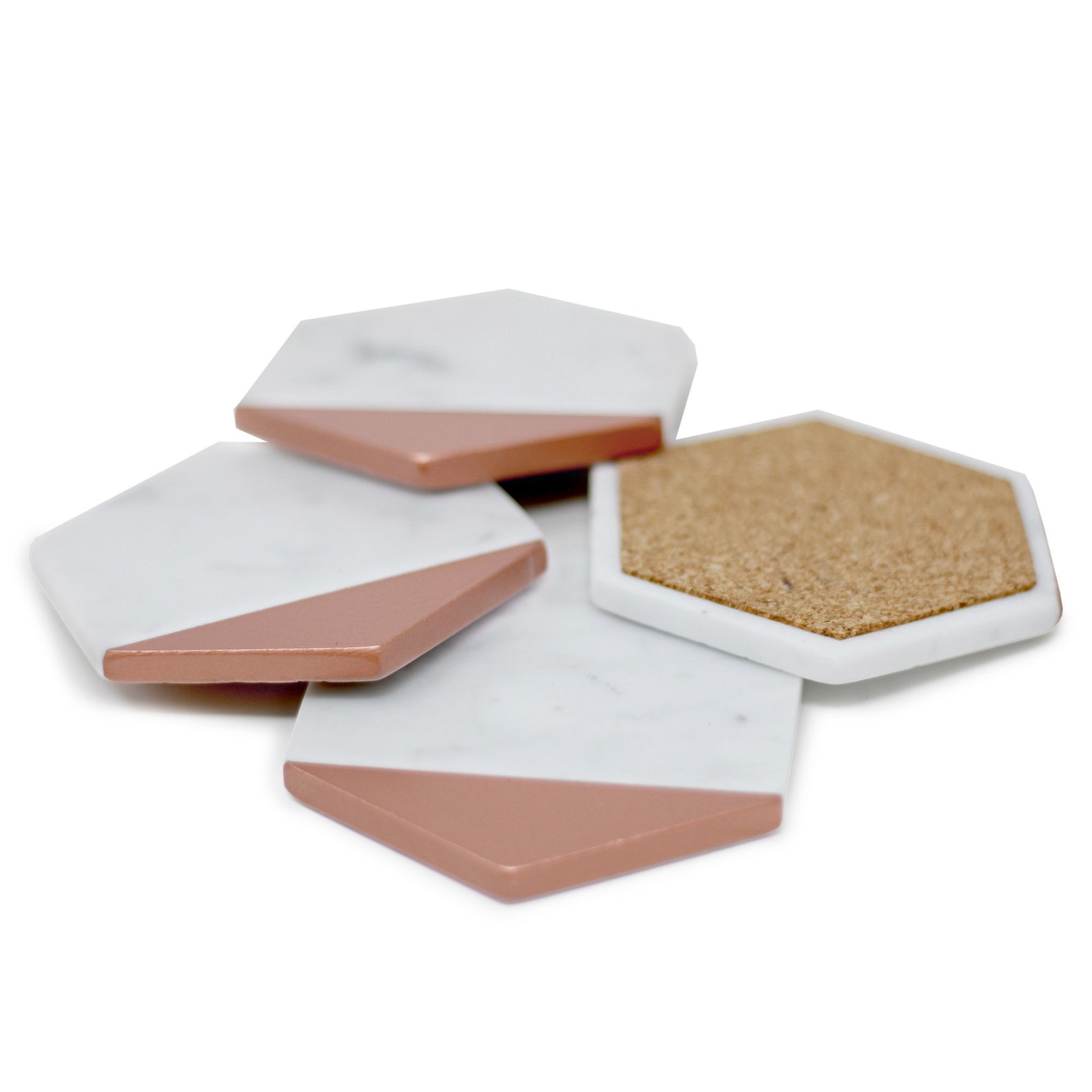 Hexagon Marble Rose Gold Coaster Set of 4 Drink Coasters Bar Etsy